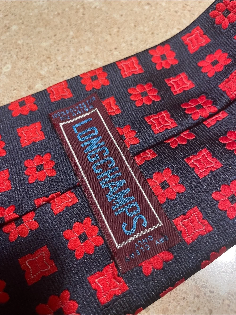 Longchamps Navy Tie with Red Floral-Geometric Pattern